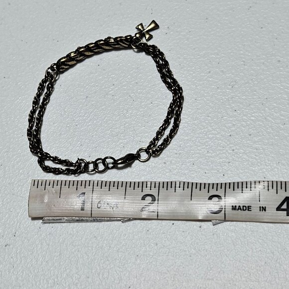 Antique Cross Charm Brass Tone Chain Bracelet Rhinestones Accent Religious Women - Picture 5 of 5